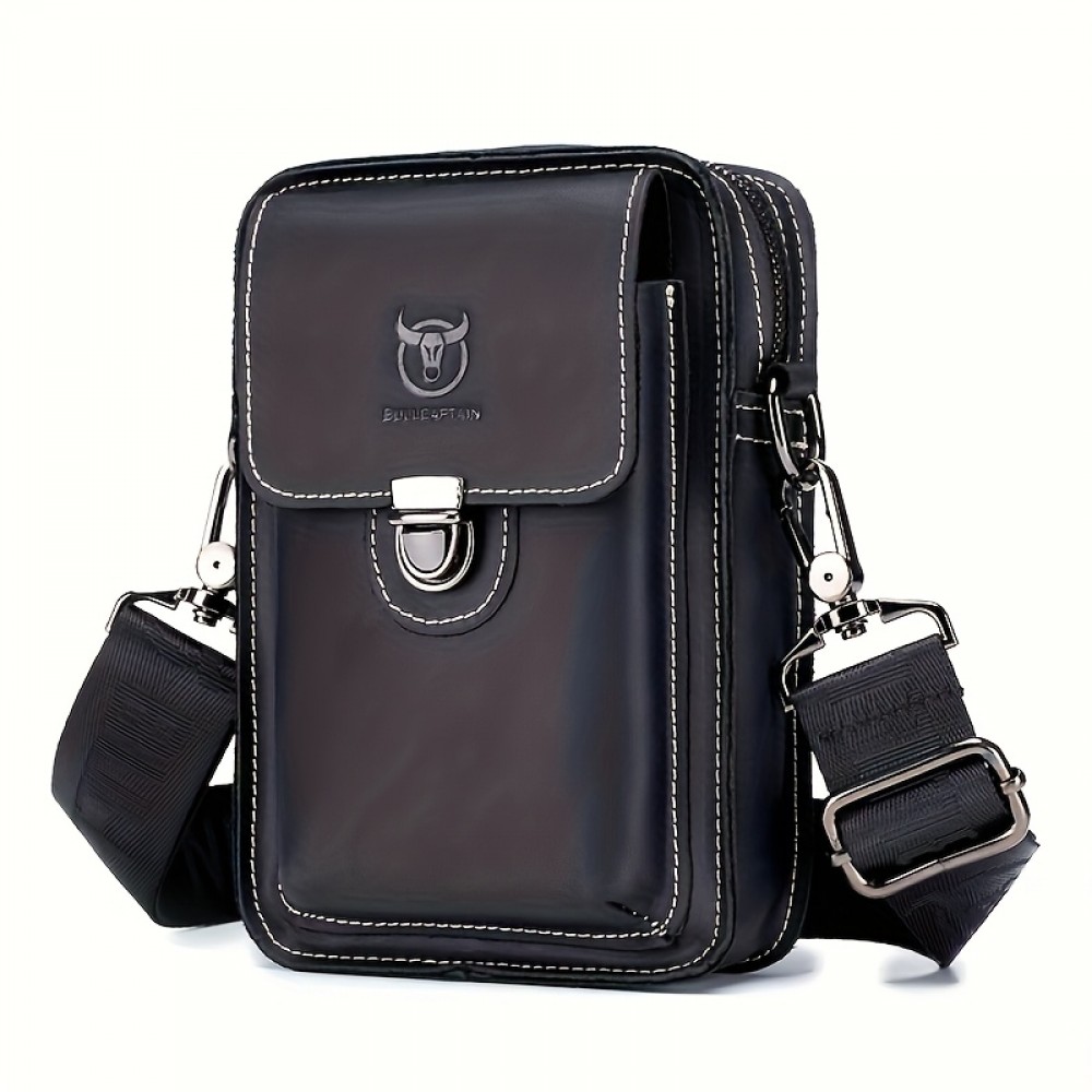 Men's Genuine Leather Crossbody Bag with Adjustable Strap - Brown One Shoulder Backpack, Front Flap Closure & Metal Eyelets - Compact Everyday, Motorcycle, Formal Bag - Sturdy First-Layer Cowhide Construction for Men, Secure Travel Pouch, Vintage Aesthetic