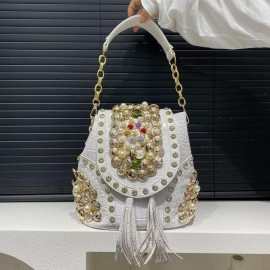 Women's Elegant Alligator-Print  Handbag/Purse - Detachable Strap & ic Closure, / with Bead Accent - Luxury Wedding, Party, Gala Accessory ( Light Beige)