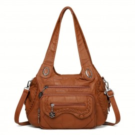 Women'S Retro Y2K Punk Style Tote Handbag with Multiple Pockets - & Vintage 2000s Fashion Crossbody Bag, Golden-Tone Hardware & Detachable Strap, Zipper Closure For Dates, Parties, Casual Outings (, Light Brown, Sky, Solid Color Design